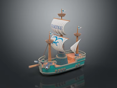 Model Wooden Ship With Karanne Sails Green Hull And Tall Wooden Masts 3d model