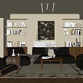 Modern Living Room Interior With Dark Sofa Coffee Table Bookshelves And Wall Art