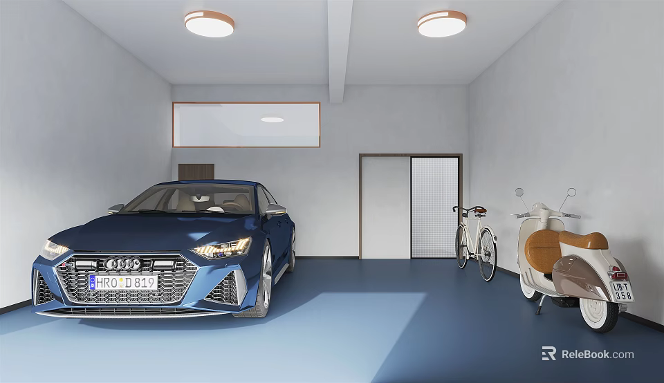 Indoor Parking Garage With Blue Audi Car Bicycle Scooter Ceiling Lights And Blue Floor 3d model 