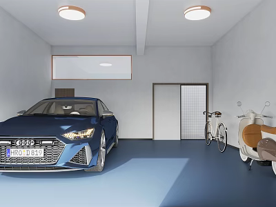 Indoor Parking Garage With Blue Audi Car Bicycle Scooter Ceiling Lights And Blue Floor 3d model