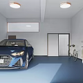 Indoor Parking Garage With Blue Audi Car Bicycle Scooter Ceiling Lights And Blue Floor