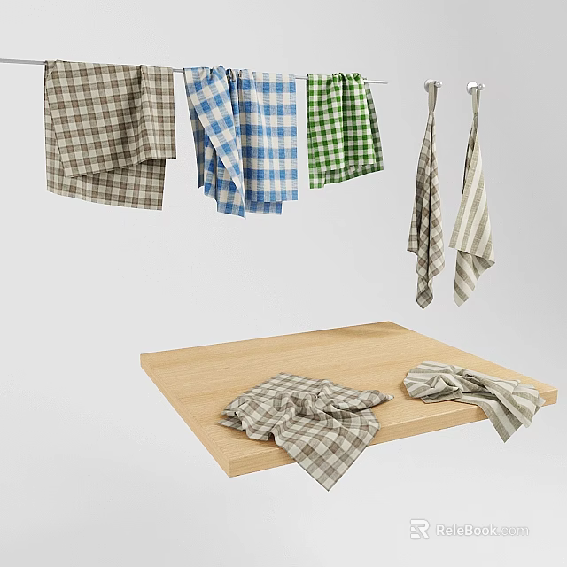 Checkered Towels Hanging And Lying On Wooden Board For Home 3d model 