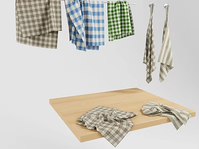 Checkered Towels Hanging And Lying On Wooden Board For Home 3d model