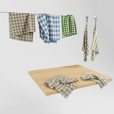 Checkered Towels Hanging And Lying On Wooden Board For Home 3d model