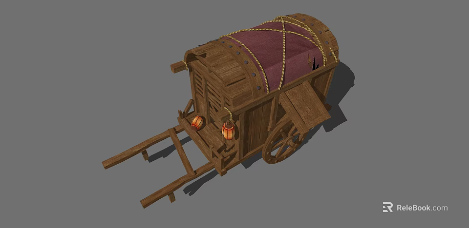 Vintage Wooden Cart Featuring Red Cloth Cover Binding Ropes Wheels And Hanging Lanterns 3d model 