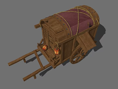 Vintage Wooden Cart Featuring Red Cloth Cover Binding Ropes Wheels And Hanging Lanterns 3d model
