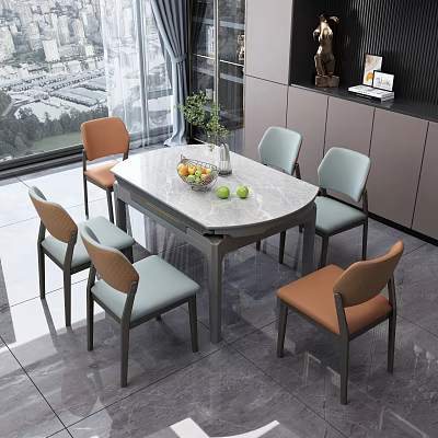 Modern Dining Table Set With Marble Top Orange Light Blue Chairs And Fruit Bowl Green Apples 3d model