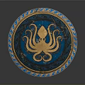 Circular Decorative Plate With Blue Background Gold Octopus Design And Ornate Border