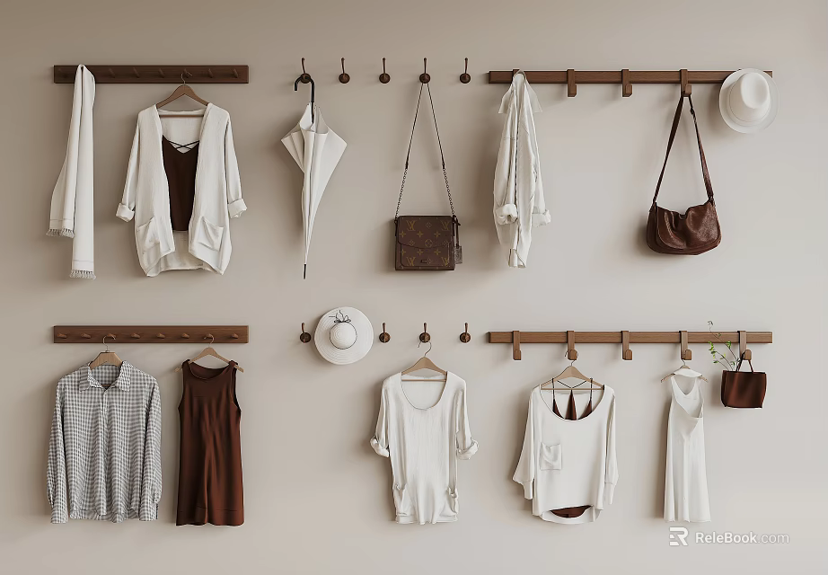 Wooden Hooks On Wall Hanging White Clothes Brown Bags And Hat For Storage 3d model 