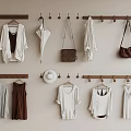 Wooden Hooks On Wall Hanging White Clothes Brown Bags And Hat For Storage