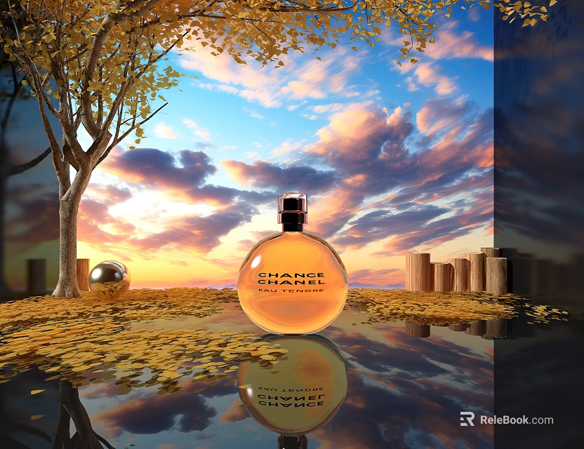 Chance Perfume Showcased In Sunset Scene With Autumn Leaves And Reflection 3d model 