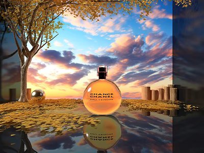 Chance Perfume Showcased In Sunset Scene With Autumn Leaves And Reflection 3d model
