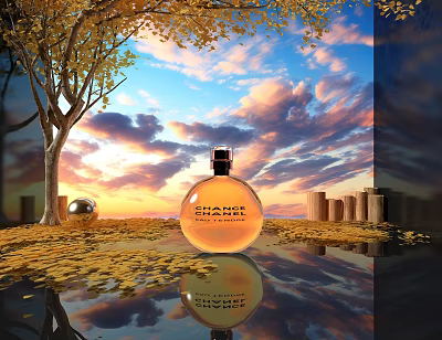 Chance Perfume Showcased In Sunset Scene With Autumn Leaves And Reflection 3d model