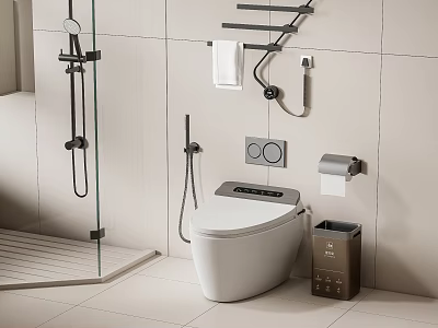 Modern Smart Toilet In Bathroom With Tiled Wall Trash Bin And Toilet Paper Holder 3d model