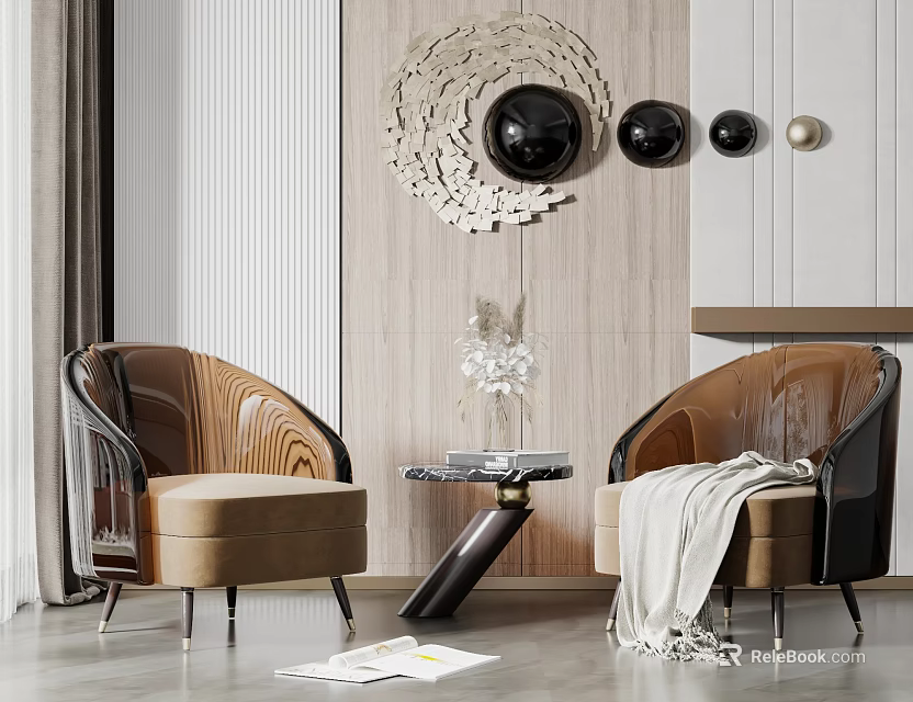 Modern Brown Leisure Sofa Set With Side Table Throw Blanket Vase And Wall Decor 3d model