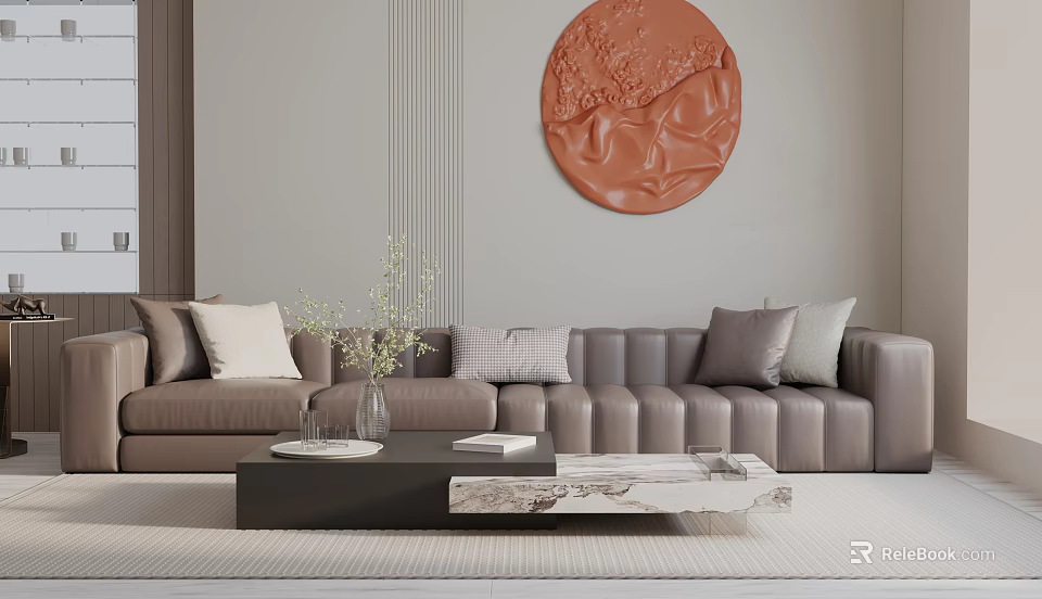 Elegant Three Seater Sofa with Taupe Leather Finish and Decorative Pillows 3d model 