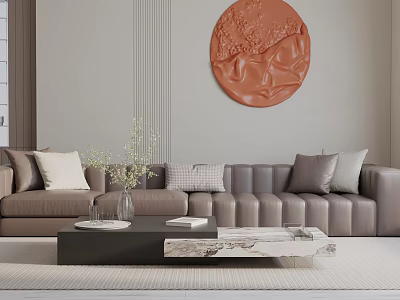 Elegant Three Seater Sofa with Taupe Leather Finish and Decorative Pillows 3d model