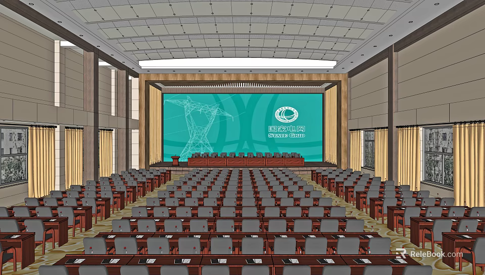 Large Modern Conference Room With Seating Rows Podium And Projection Screen 3d model 