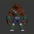 3D Werewolf Character Model With Red Fur Green Straps Blue Pants And Green Shoes