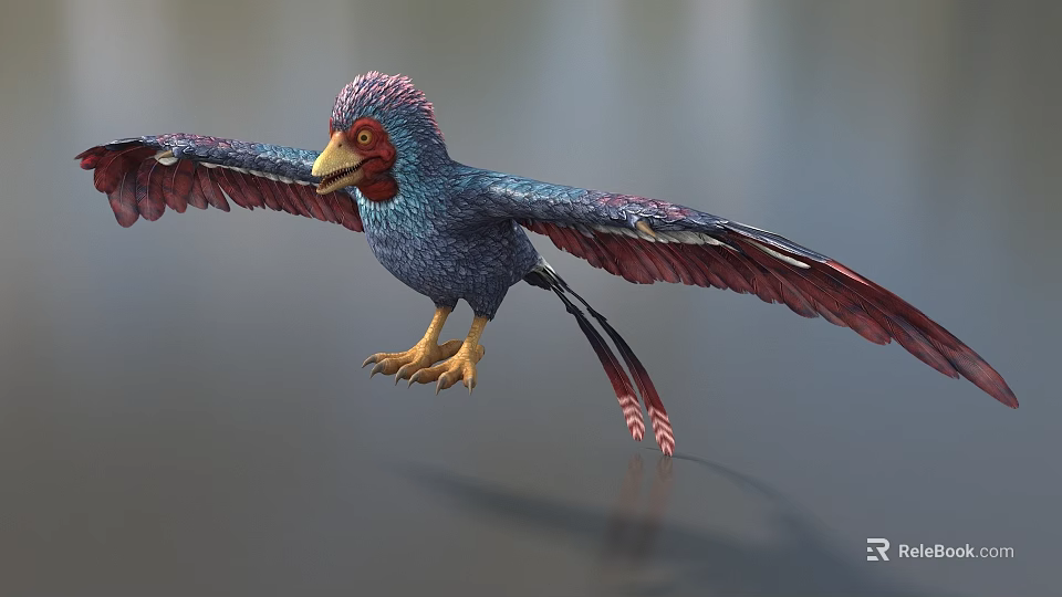 Colorful Flying Animal With Blue Body Red Wings Yellow Beak Claws And Long Tail Feathers 3d model 