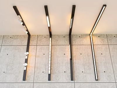 Modern Linear Black Frame Ceiling Lights Installed On White Ceiling With Tile Wall 3d model
