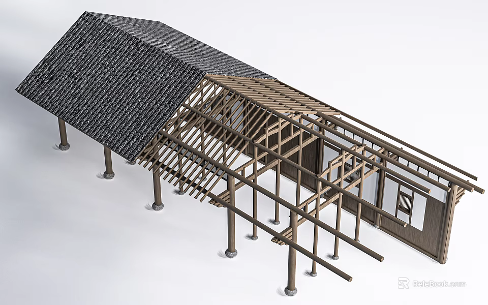 Traditional Ancient Architecture Structure With Wooden Frame Black Tile Roof And Columns 3d model 