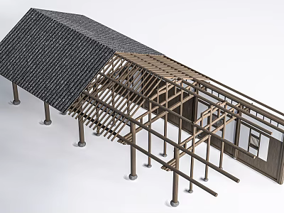 Traditional Ancient Architecture Structure With Wooden Frame Black Tile Roof And Columns 3d model