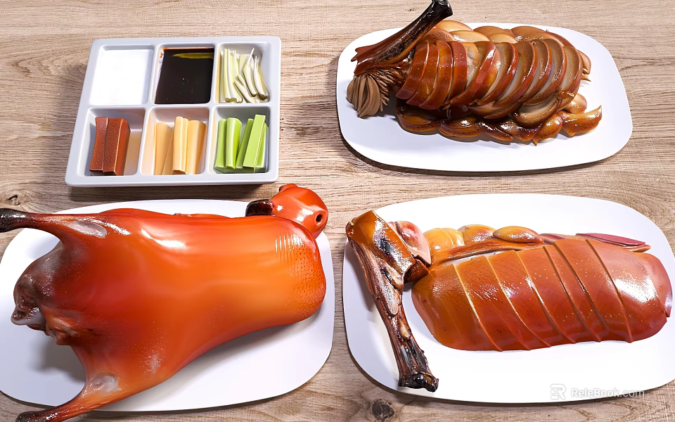 Tasty Sliced Roast Duck Braised Pork Leg With Scallions Cucumber And Soy Sauce 3d model 