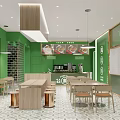 Green Restaurant Interior Design With Open Layout Tables Chairs Menu Posters And Decorative Elements 3d model
