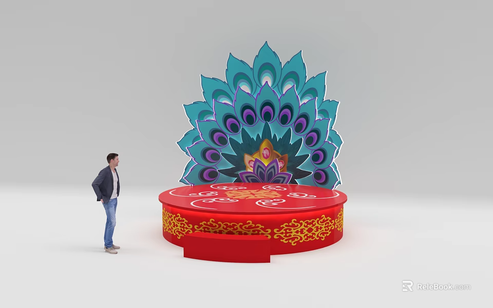 Red Stage Platform With Turquoise Peacock Feather Backdrop And Golden Ornamental Patterns 3d model 