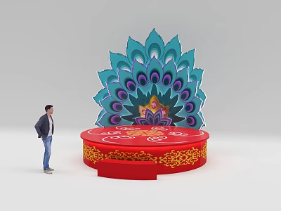 Red Stage Platform With Turquoise Peacock Feather Backdrop And Golden Ornamental Patterns 3d model