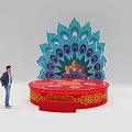 Red Stage Platform With Turquoise Peacock Feather Backdrop And Golden Ornamental Patterns 3d model