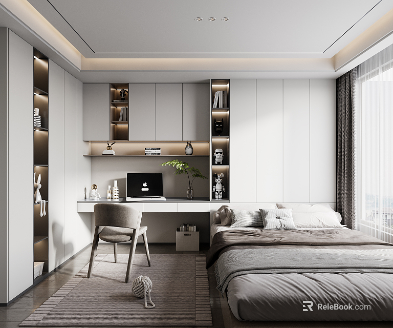 Modern Tatami Bedroom Interior With Sleek Desk Bookshelves And Large Window 3d model 