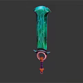 Green Glowing Sword with Orange Ring Shaped Hilt and Vibrant Design