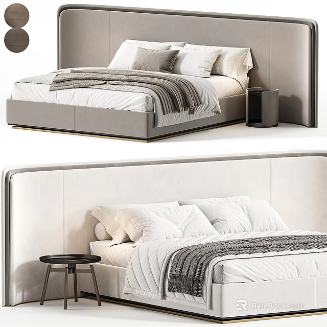 Modern Double Bed Interior With Upholstered Headboard White Pillows And Gray Blanket 3d model 
