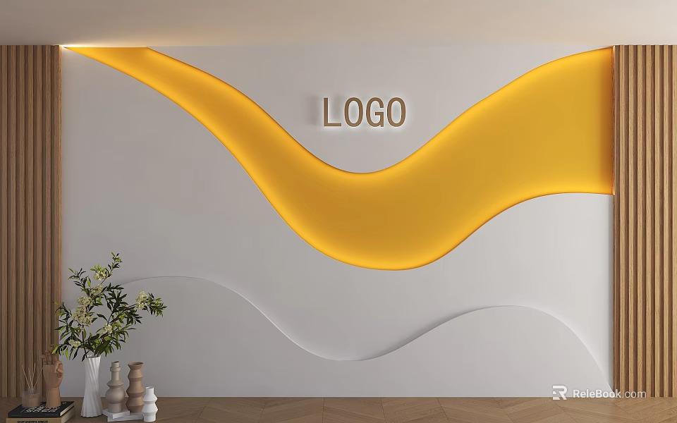 White Background Wall with Yellow Wavy LED Strip LOGO Potted Plants and Wooden Floor 3d model 