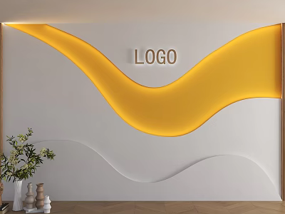 White Background Wall with Yellow Wavy LED Strip LOGO Potted Plants and Wooden Floor 3d model