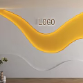 White Background Wall with Yellow Wavy LED Strip LOGO Potted Plants and Wooden Floor
