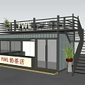 Shipping Container Building as Milk Tea Shop with Second Floor Balcony Railing Tables Chairs Plants