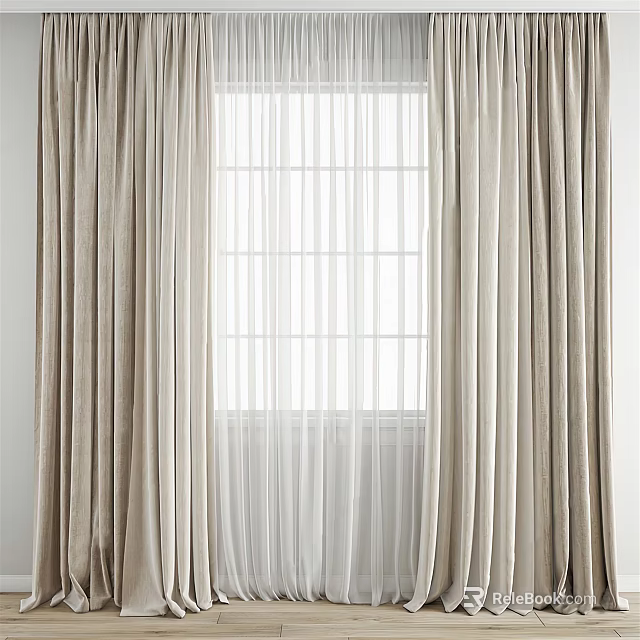 Elegant Beige Curtains With Sheer White Panels For Modern Home Window Decor 3d model 