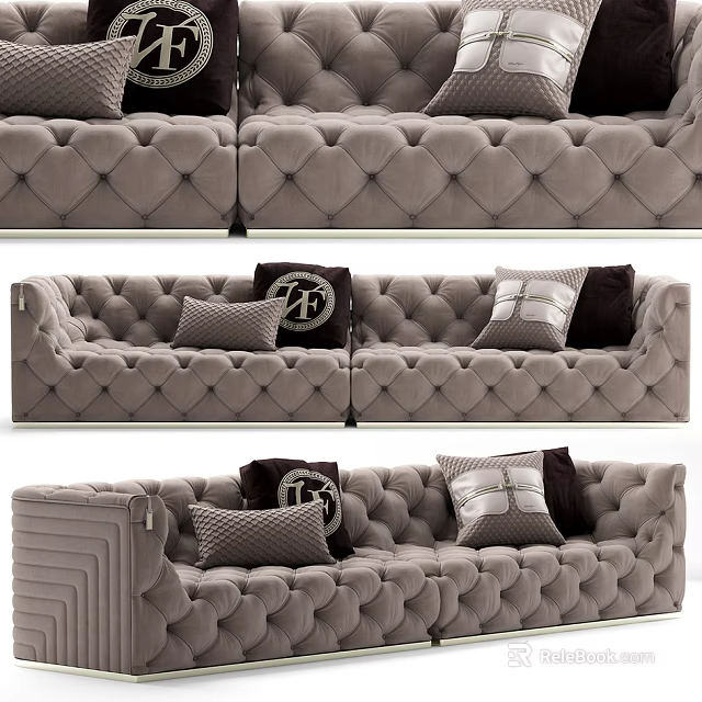 Luxurious Gray Tufted Velvet Sectional Sofa With Decorative Pillows And Modern Style 3d model 