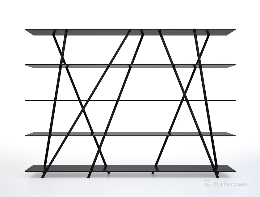 Modern Black Bookshelf With Crossed Support Frame And Multiple Open Shelves 3d model 