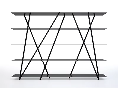 Modern Black Bookshelf With Crossed Support Frame And Multiple Open Shelves 3d model