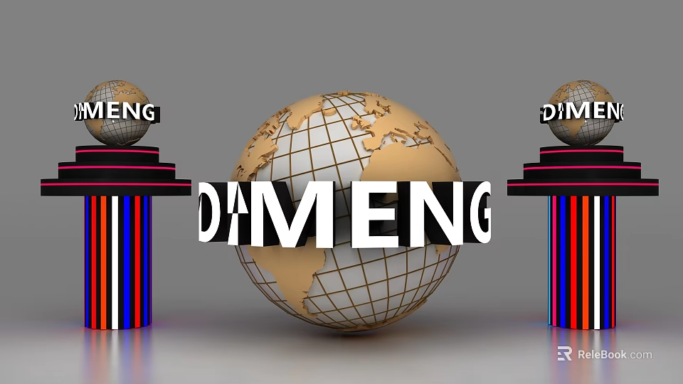 Exhibition Island with Central Globe DIMENG Lettering Small Side Globes and Colorful Pedestals 3d model 