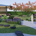 Traditional Karesansui Garden With Raked Sand Stones Maple Trees And Gazebo