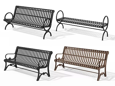 Wrought Iron Outdoor Benches With Striped Seats Curved Arms And Multiple Colors 3d model