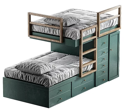Modern Bunk Bed With Green Storage Cabinet Drawers And Guardrail For Kids Bedroom 3d model