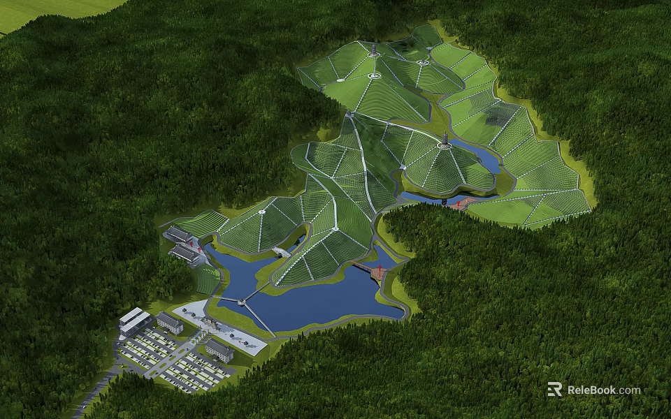 Scenic Green Mountain Landscape With Geometric Terraces Lakes And Buildings 3d model 