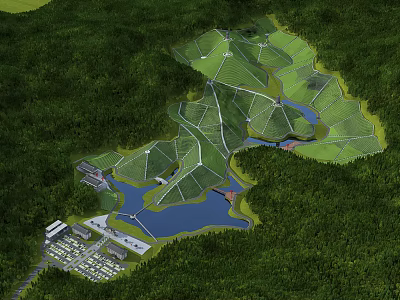 Scenic Green Mountain Landscape With Geometric Terraces Lakes And Buildings 3d model
