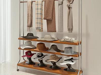 Hat Display Rack With Multiple Shelves And Various Style Hats And Scarves 3d model